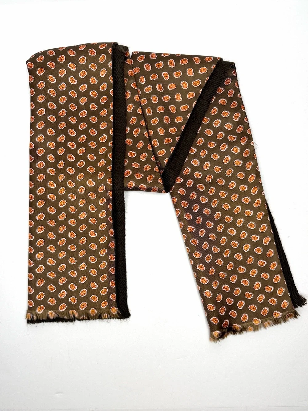 Men's Doubled Reversible Scarf Silk Wool Brown Paisley Print 11x50